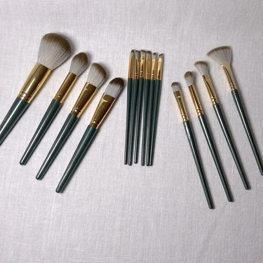 Makeup Brush Set 14 pc Brushes Green Handles Gold Tone Accent